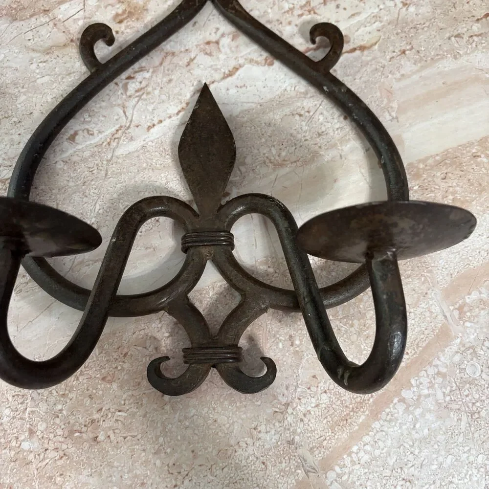 Vintage wrought Iron wall sconce Pillar candle holder gothic rustic decor '60s